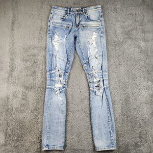 Buckle Crysp Denim Mens Moto Skinny Stretch Jean Size 30 Distress Splatter Biker